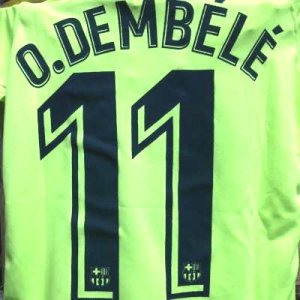 画像1: 大人用 A134 バルセロナ O.DEMBELE*11 ウスマン デンベレ 黄斜め線 20 ゲームシャツ パンツ付