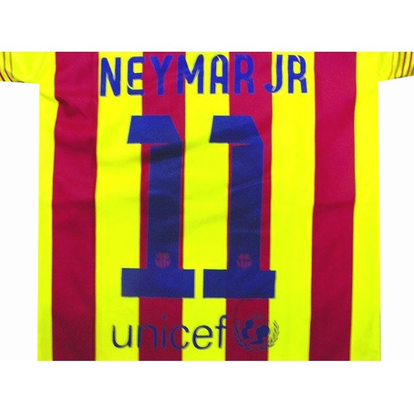 画像1: 子供用 K134 バルセロナAWAY NEYMAR JR*11 ネイマール 2014 黄赤 ゲームシャツ パンツ付 (1)