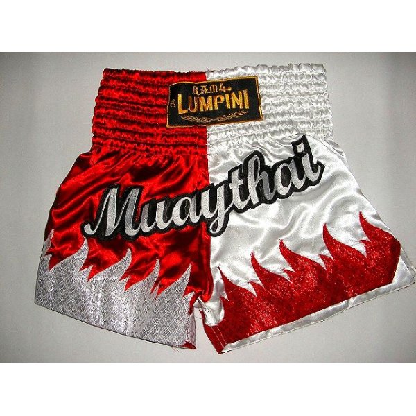 画像1: 新品 サテン 38 LUMPINI ボクシングパンツ S/M/L/XL 選択 赤白MUAY炎 /ボクシング/ムエタイ/トランクス/通販/大人用/キッズ用/ジュニア/子供用 (1)