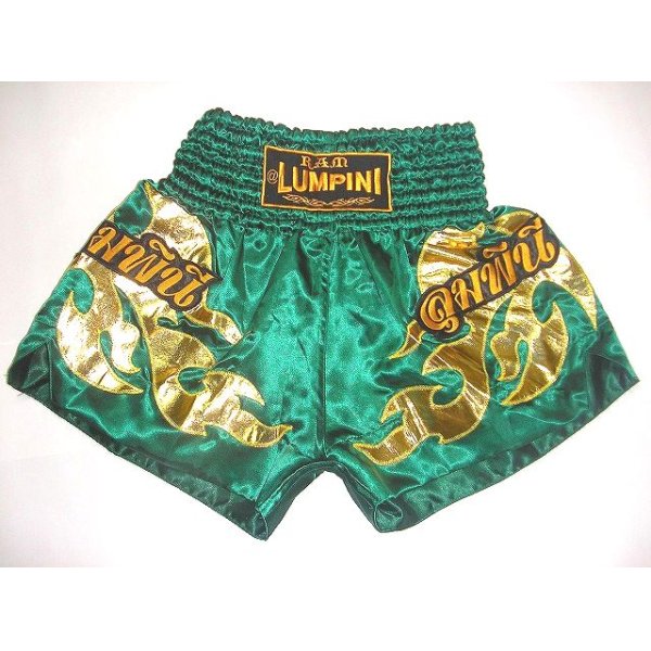画像1: 新品 サテン 68 LUMPINI ボクシングパンツ S/M/L/XL 選択 緑金横炎 /ボクシング/ムエタイ/トランクス/通販/大人用/キッズ用/ジュニア/子供用 (1)