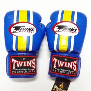 画像: 新品 正規 TWINS 本格ボクシンググローブ 青黄白ストライプ /ボクシング/ムエタイ/本革製/グローブ